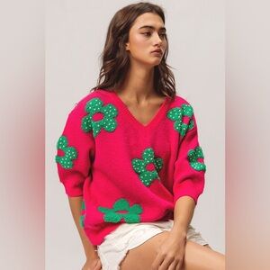 BB03 Bibi  Fuchsia Sweater with Green Floral Accents